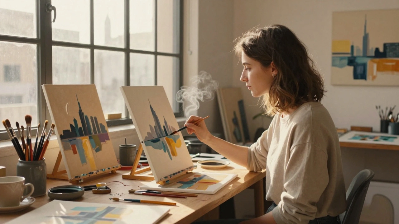 Russian expat woman painting in a sunlit studio with Dubai skyline in the background.